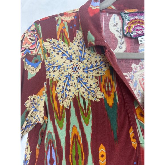 Johnny Was Feather Swing Polo Top Boho V-Neck XS Long Sleeve Fall Lightweight - Picture 12 of 14